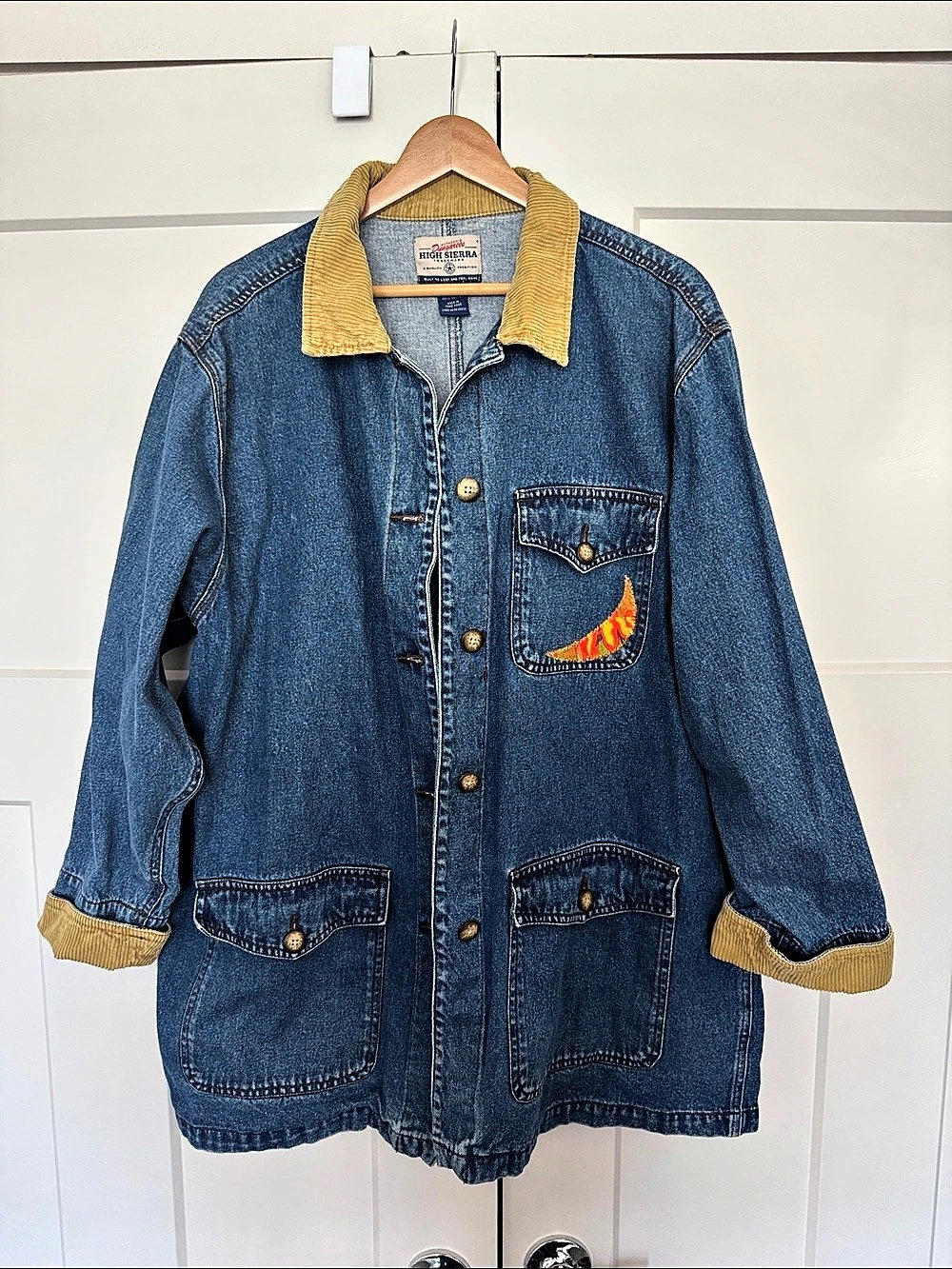 Vintage High Sierra Denim Jacket Chore Coat  Size Large with Quilted Appliqué